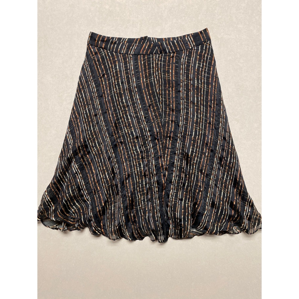 Jones New York Collection 100% Silk Striped A-Line Midi Skirt Black Brown Sz 14